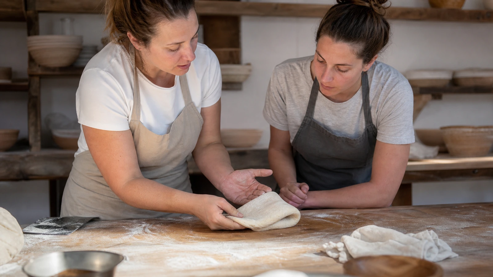Apprenante découvrant un geste professionnel en boulangerie