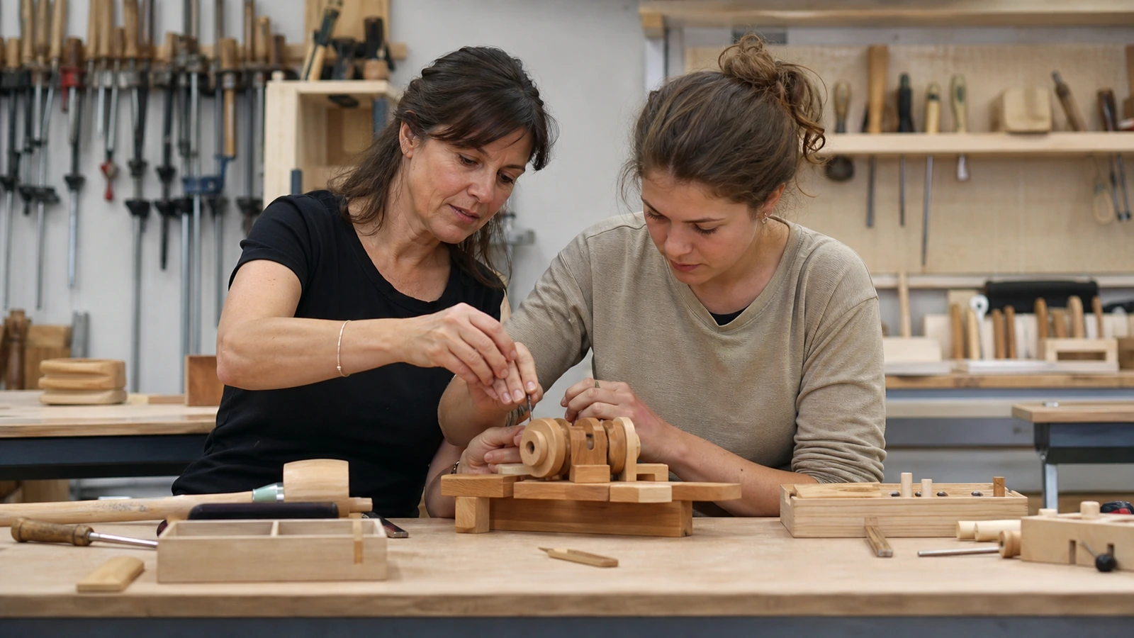 Formatrice accompagnant une apprenante sur un mécanisme en bois