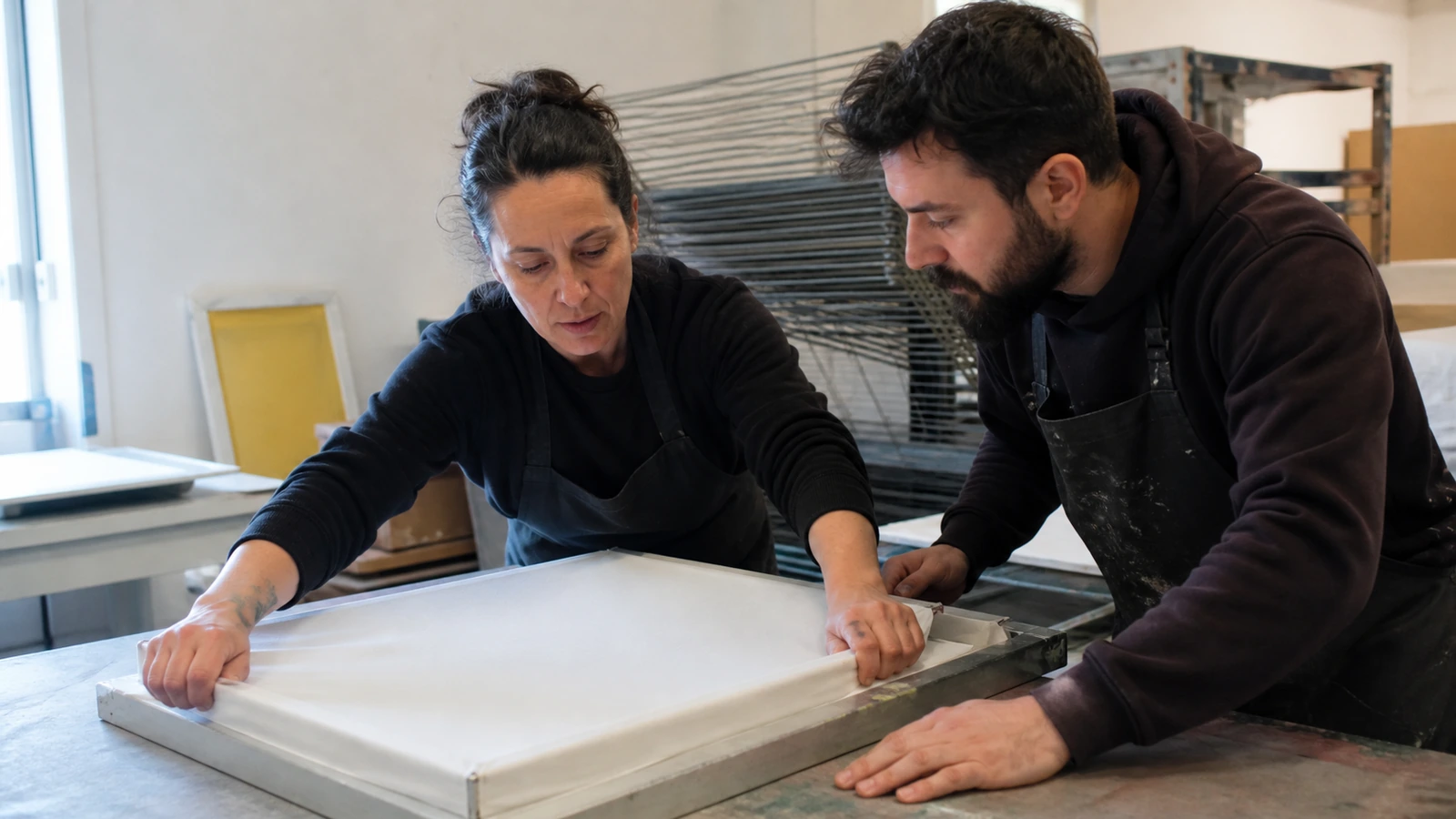 Responsable montrant comment tendre un tissu sur un cadre