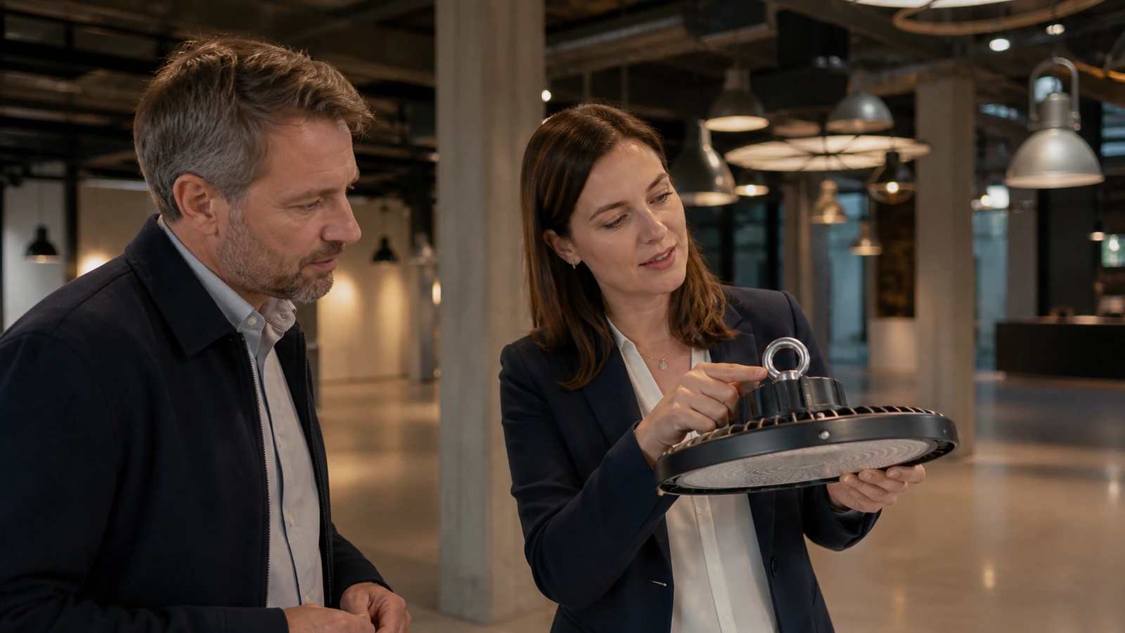 Responsable guidant un prospect dans un showroom de luminaires