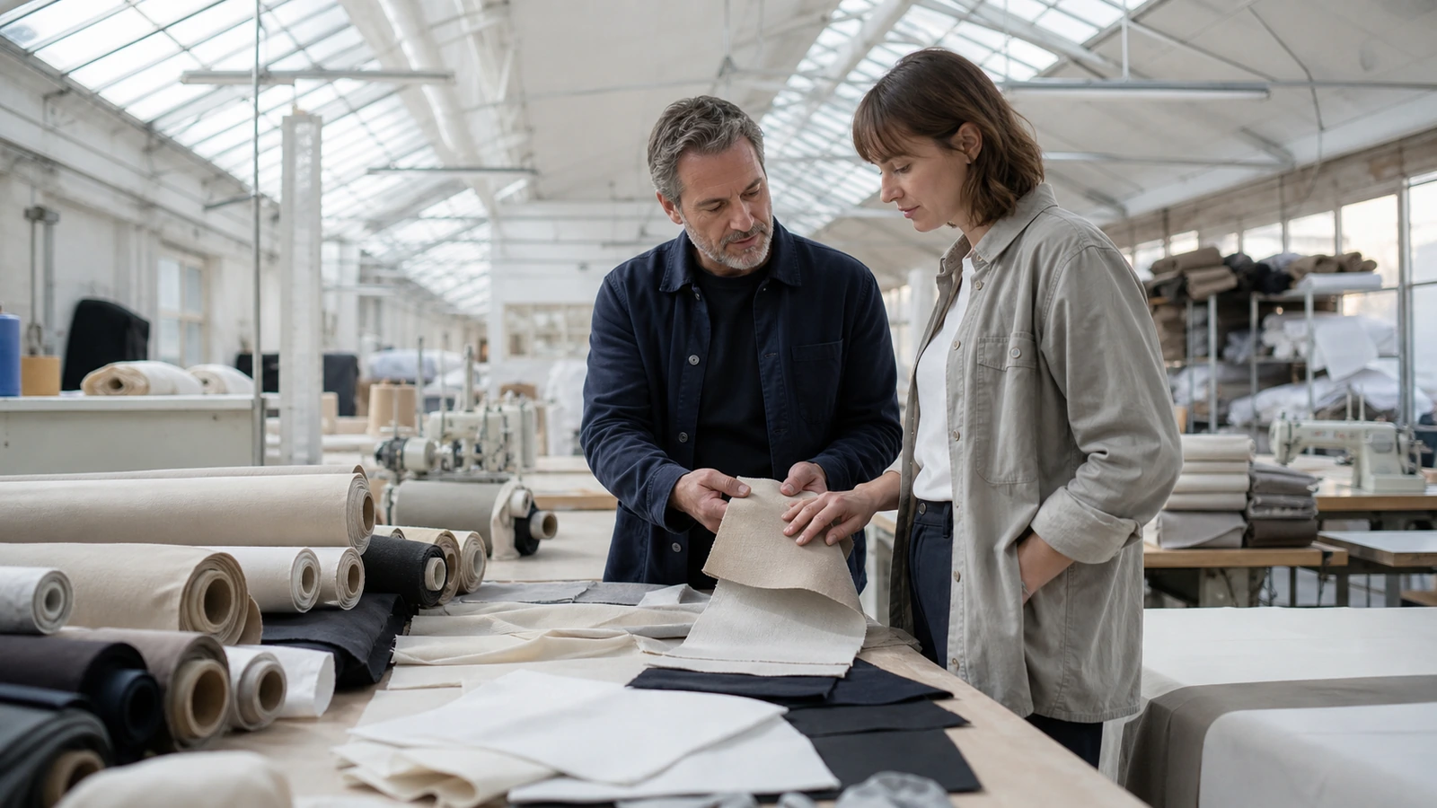 Fournisseur présentant des textiles unis à une acheteuse professionnelle