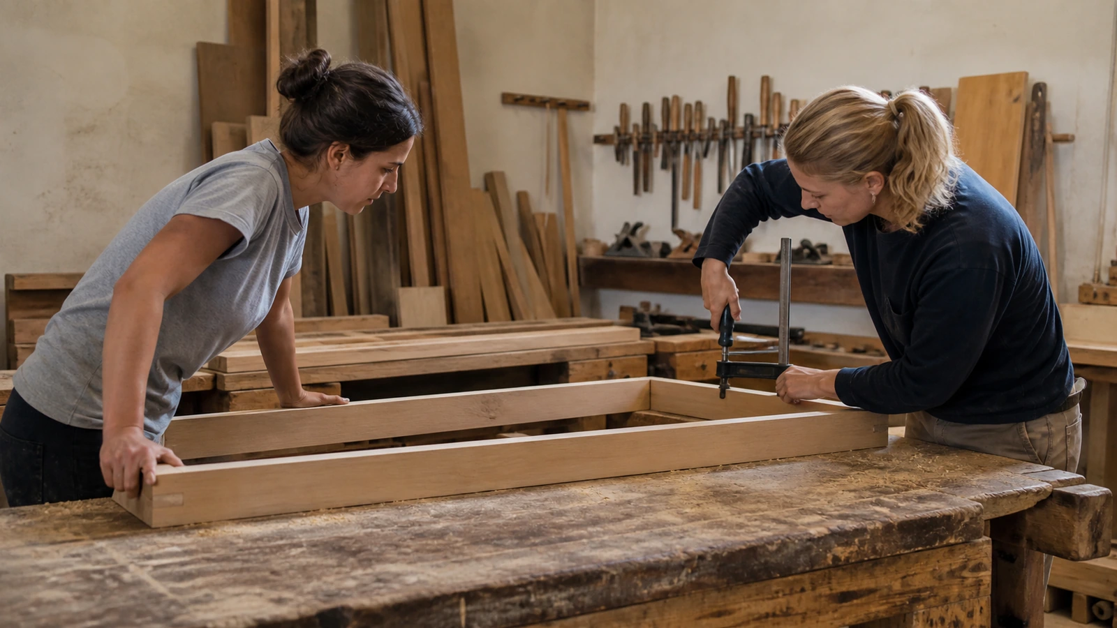 Deux collègues coordonnant brièvement un réglage d’atelier