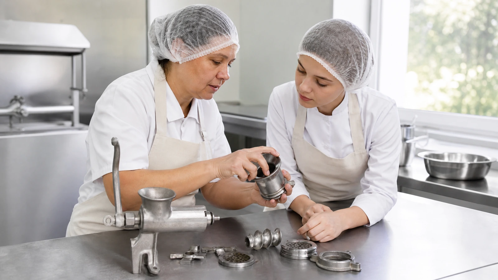 Mentore transmettant un geste d’entretien dans un atelier alimentaire